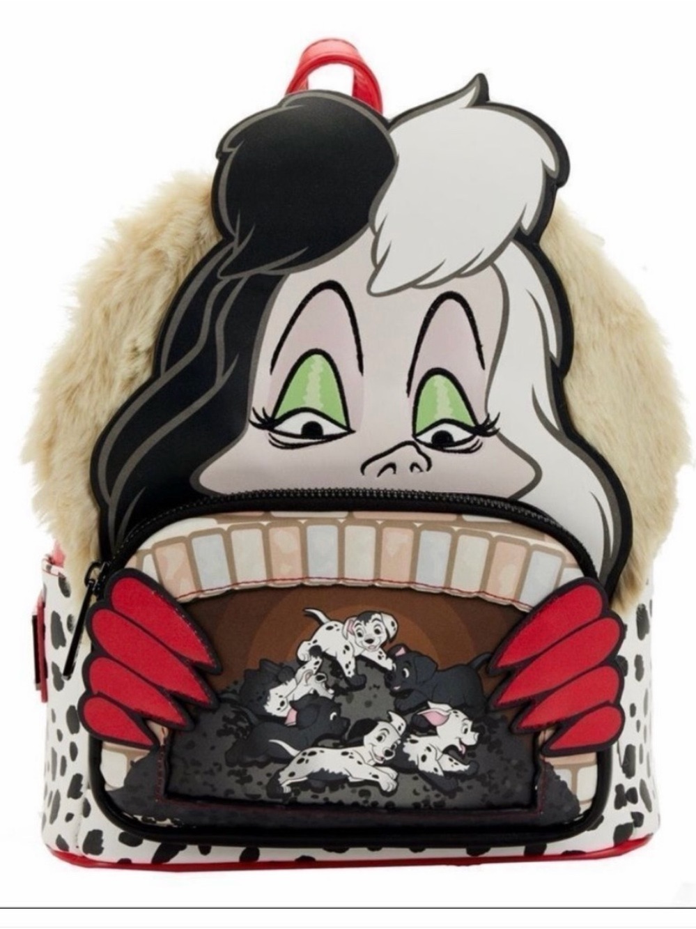 LoungeflyCruella de Vil Faux Fur Backpack with Dalmatian Print - Black/White/Red